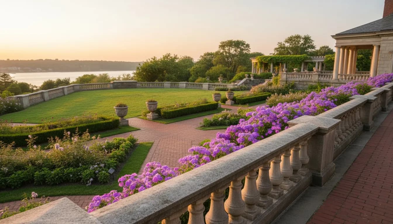 Realistic editorial view of Wave Hill's Glyndor Terrace Garden in New York City
