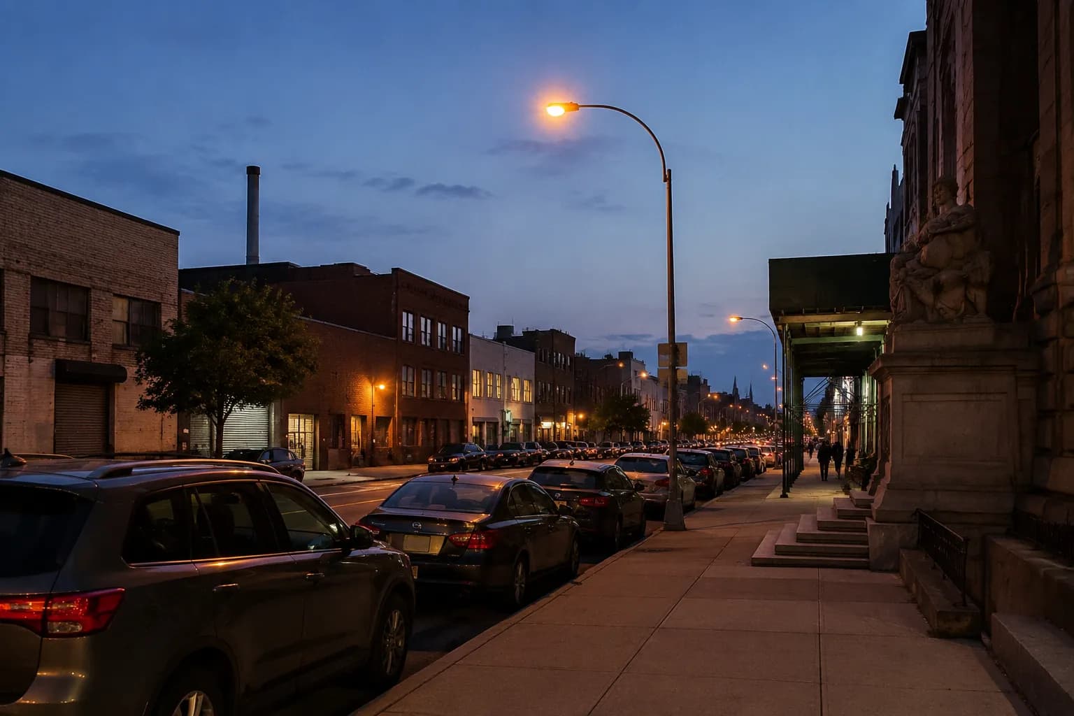 Third Avenue in Sunset Park Brooklyn at dusk showing commercial warehouse district