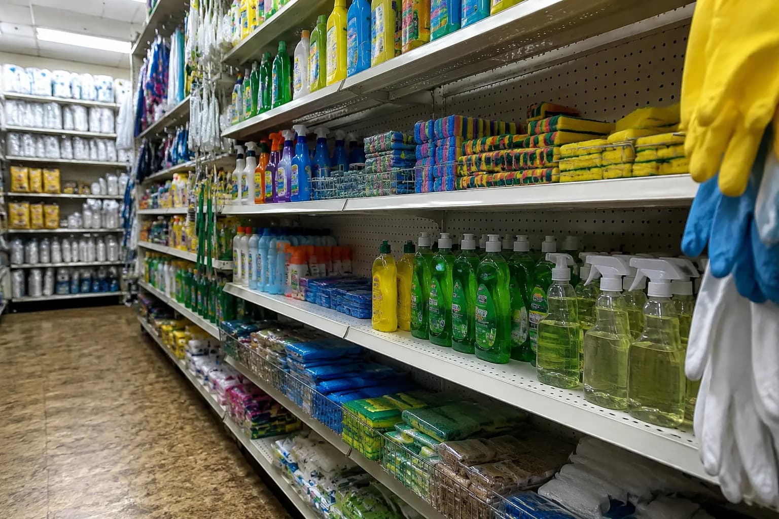 Interior aisle at Dollar Tree showing shelves of cleaning supplies and household items