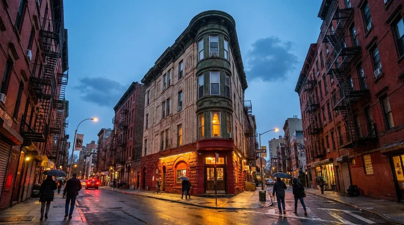 Ludlow Street in the Lower East Side at dusk with lit storefronts and pedestrians