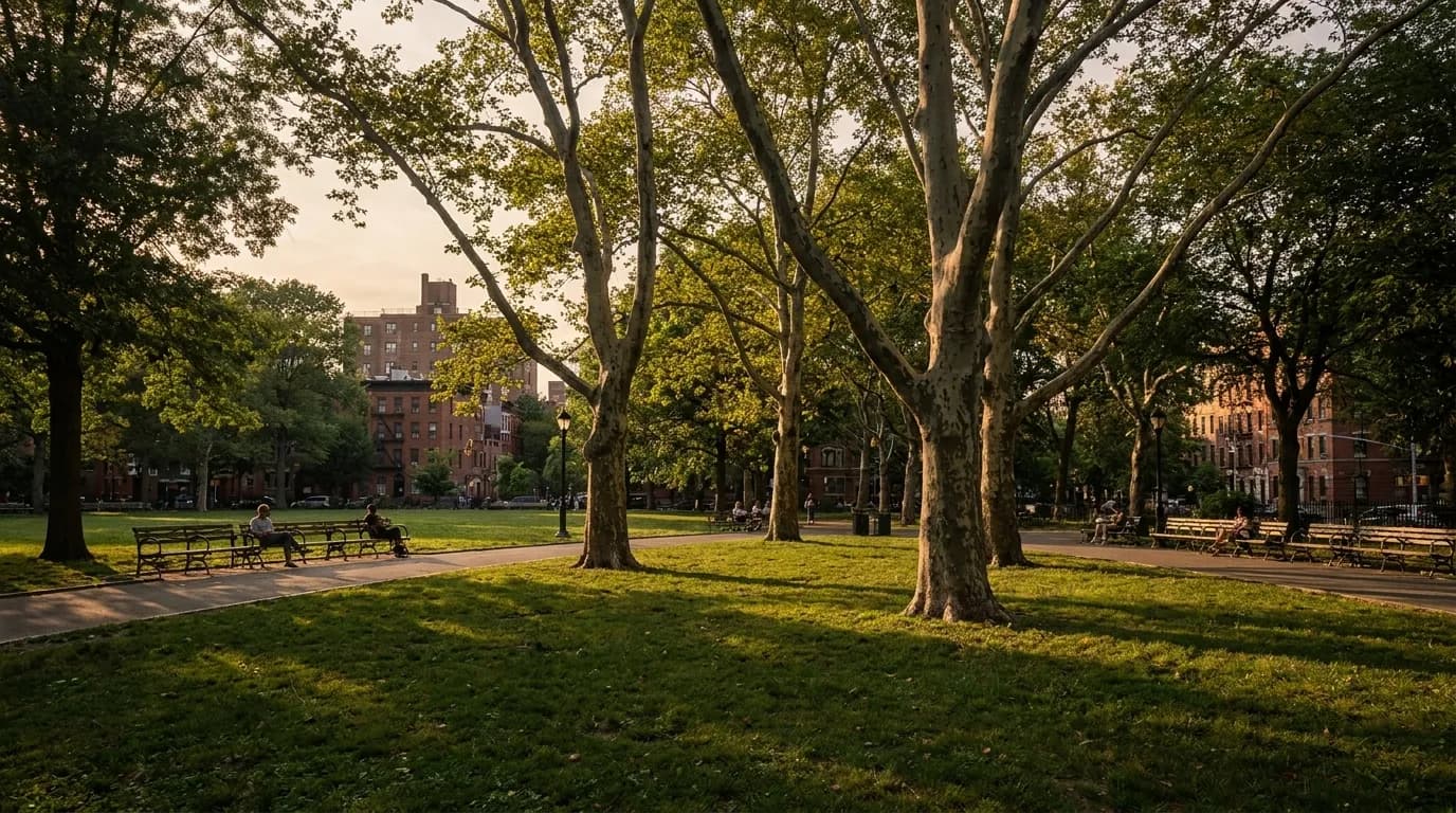 Tompkins Square Park in the East Village with benches and trees at golden hour