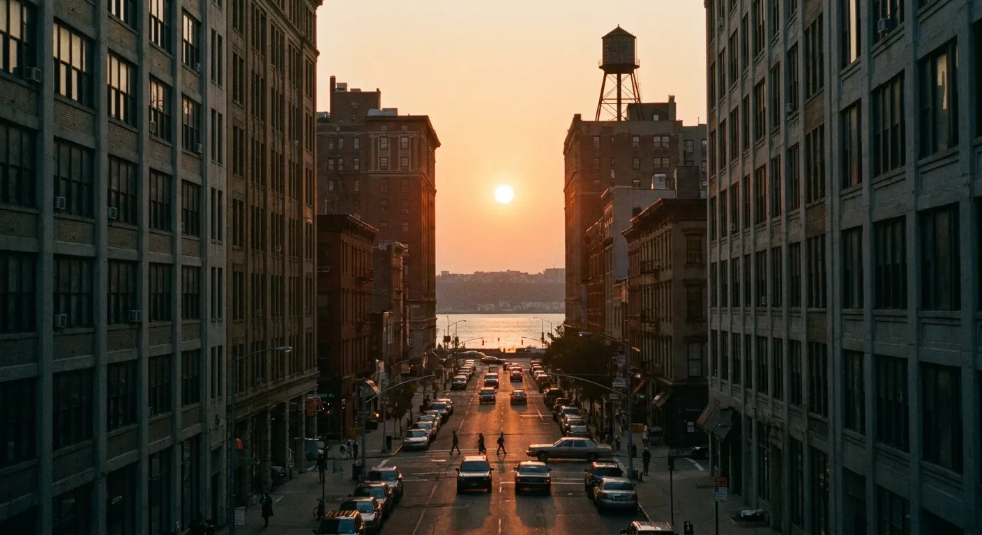 Low sun over the Hudson River seen between Manhattan towers at the end of a cross street