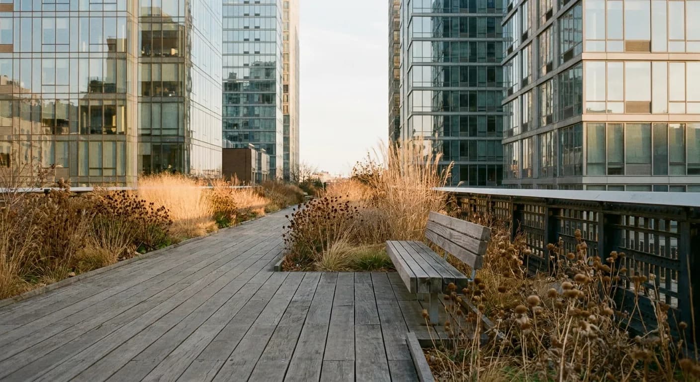 An elevated park walkway between buildings with planting and benches