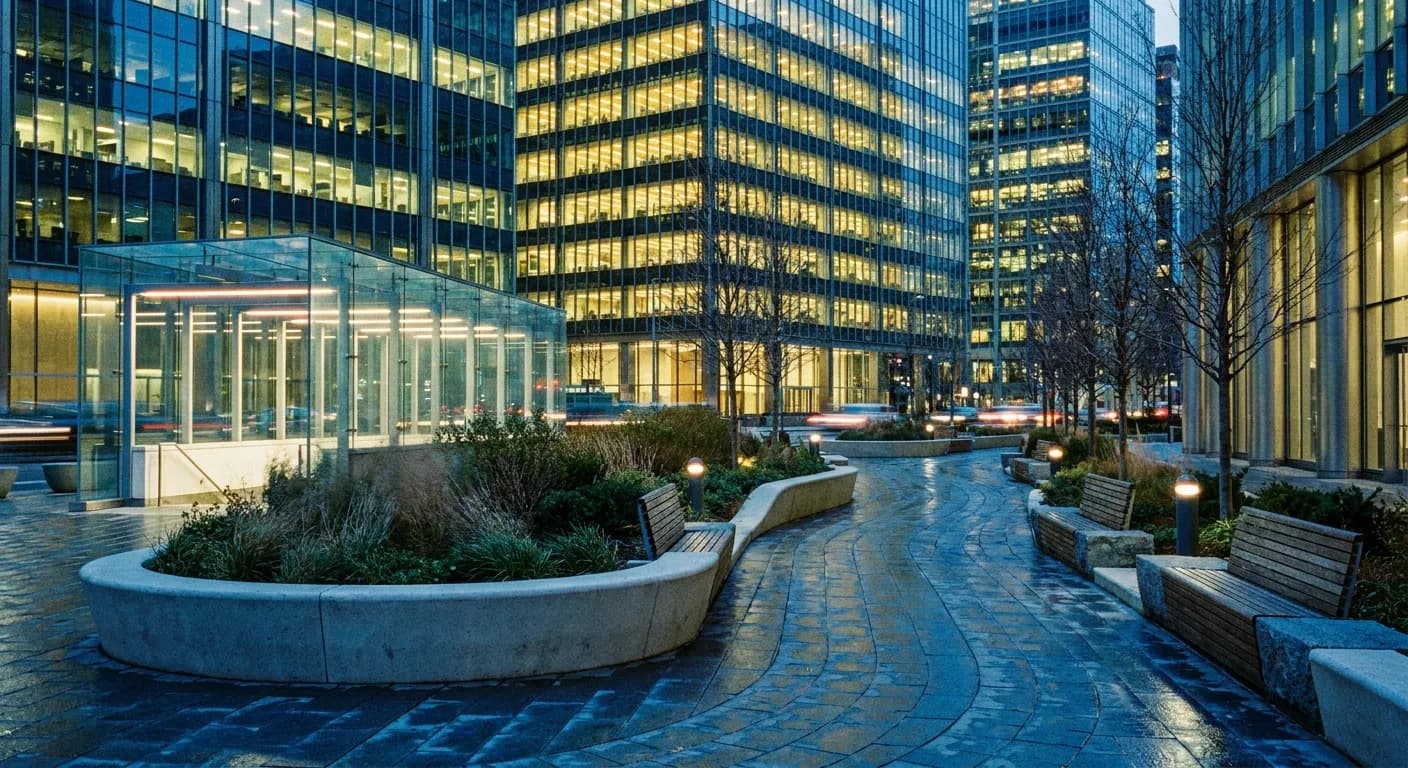 A modern plaza and park at blue hour with lit tower windows above