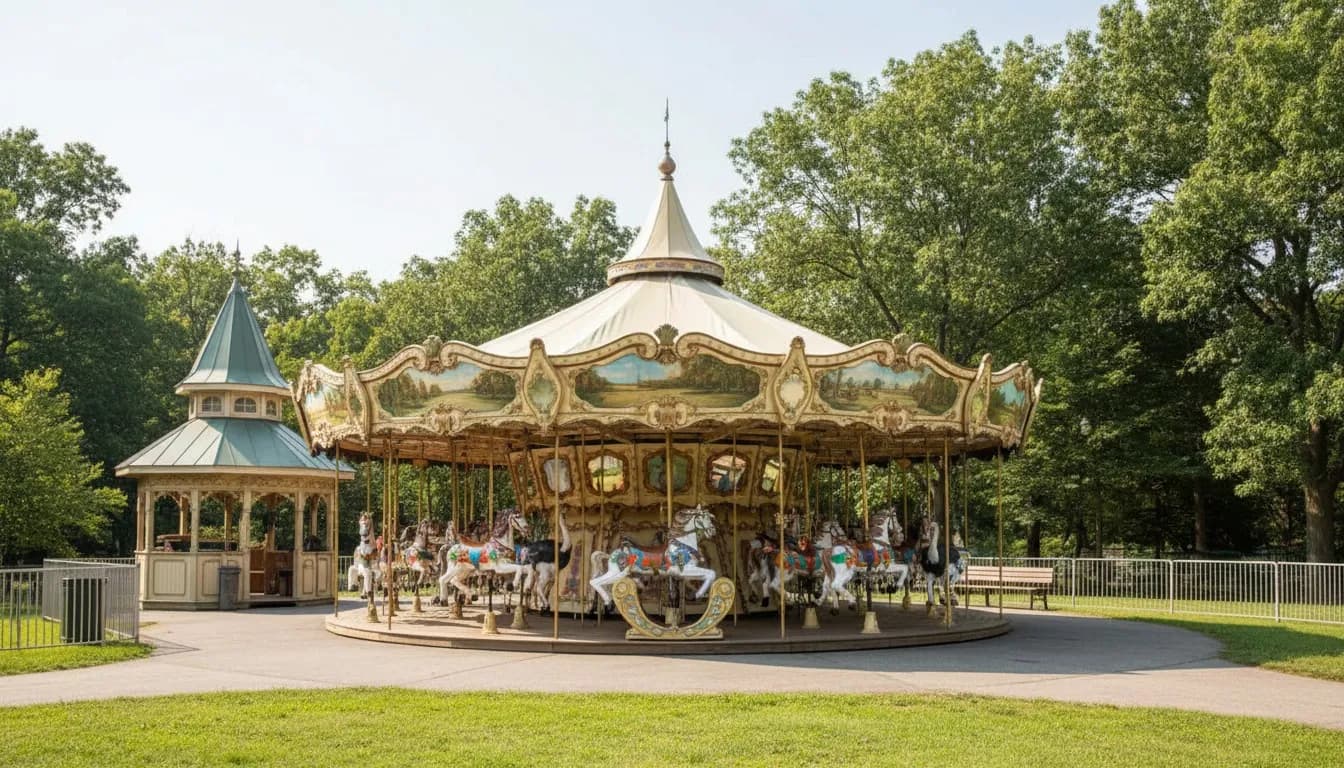 Realistic editorial view of Carousel for All Children at Willowbrook Park in New York City