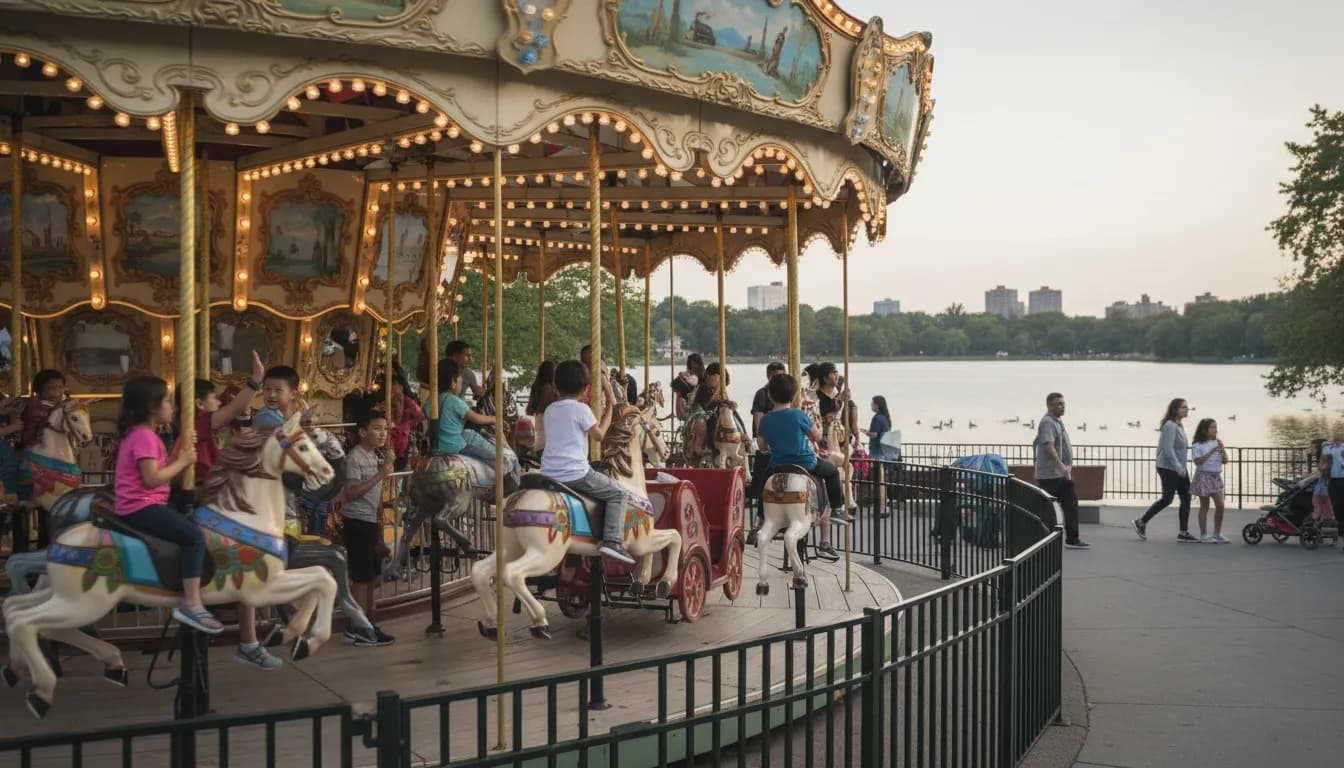 Realistic editorial view of Carousel for All Children at Willowbrook Park in New York City