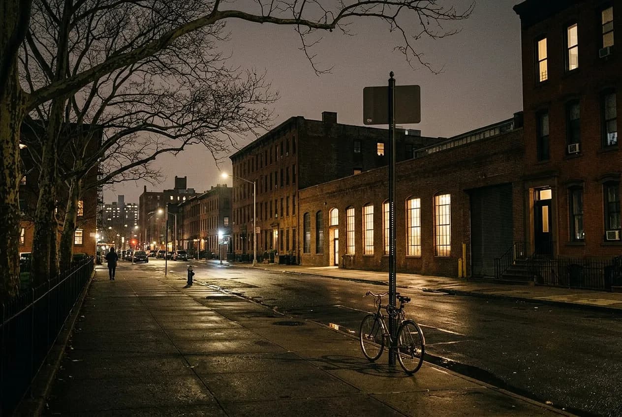 Brick building exterior at night on a quiet Brooklyn side street near a park, warm light in tall windows