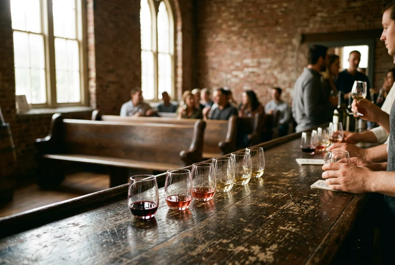 Close-up of tasting glasses on a wooden bar inside a winery tasting room with exposed brick