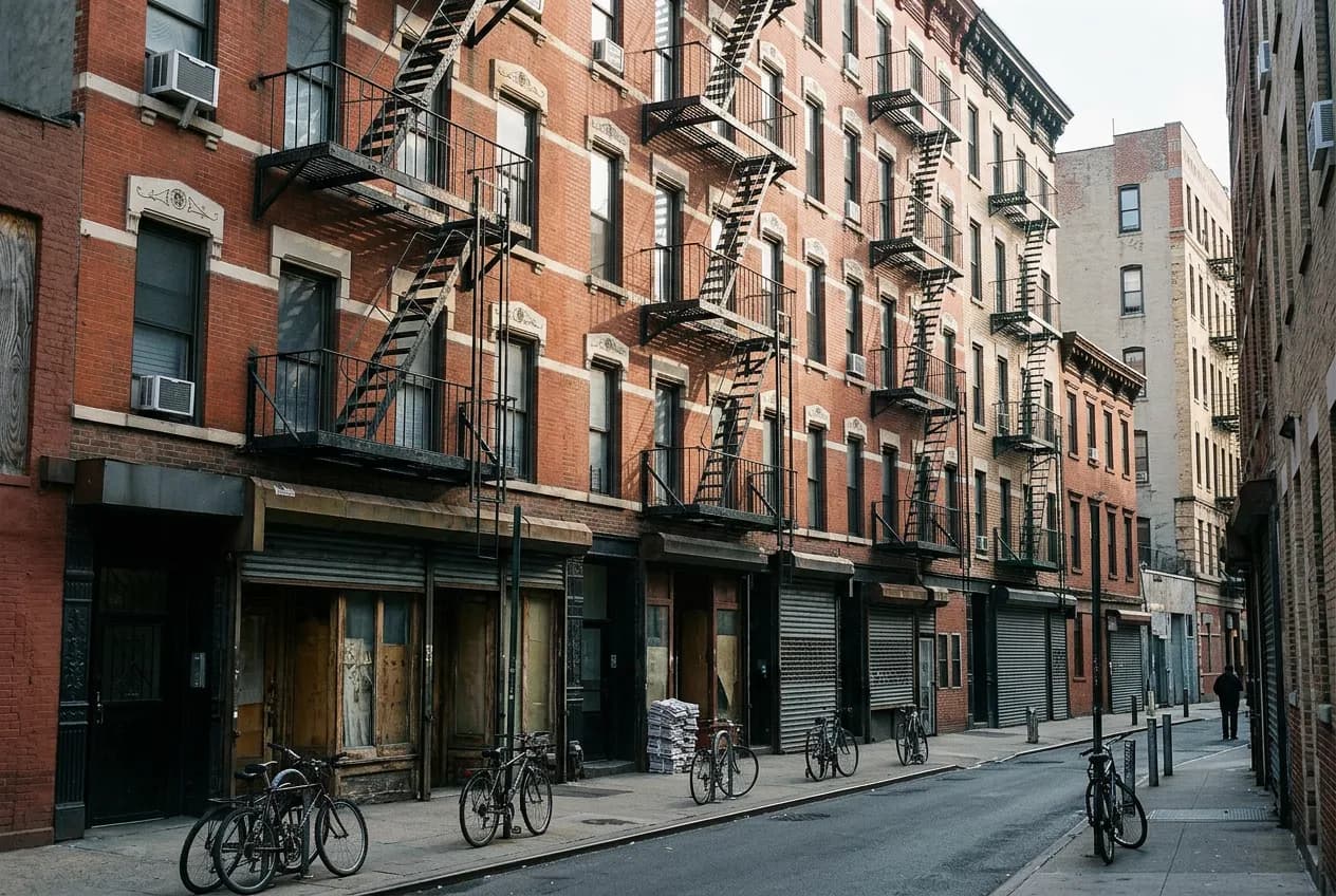 Brick tenement facades and morning light along Ludlow Street on New York's Lower East Side, near a small storefront café.