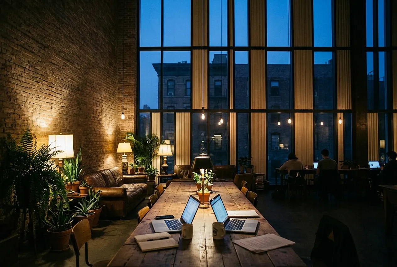 Interior of a small café's back room with communal wooden tables, a couch, plants, and low moody lighting.
