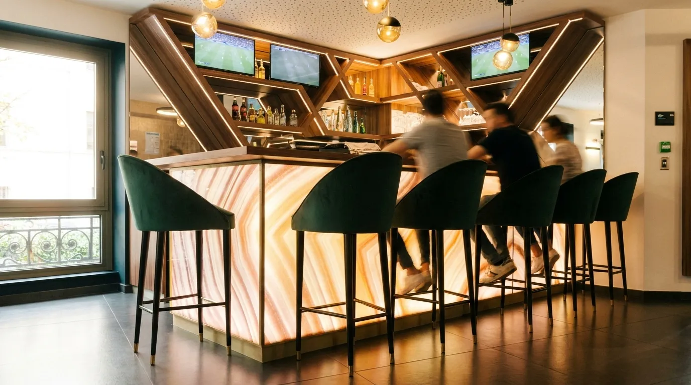 Wide interior shot of Dalton's Bar & Grill in Hell's Kitchen, rows of 70-inch HD screens mounted on brick walls, full bar and high-top tables in foreground.