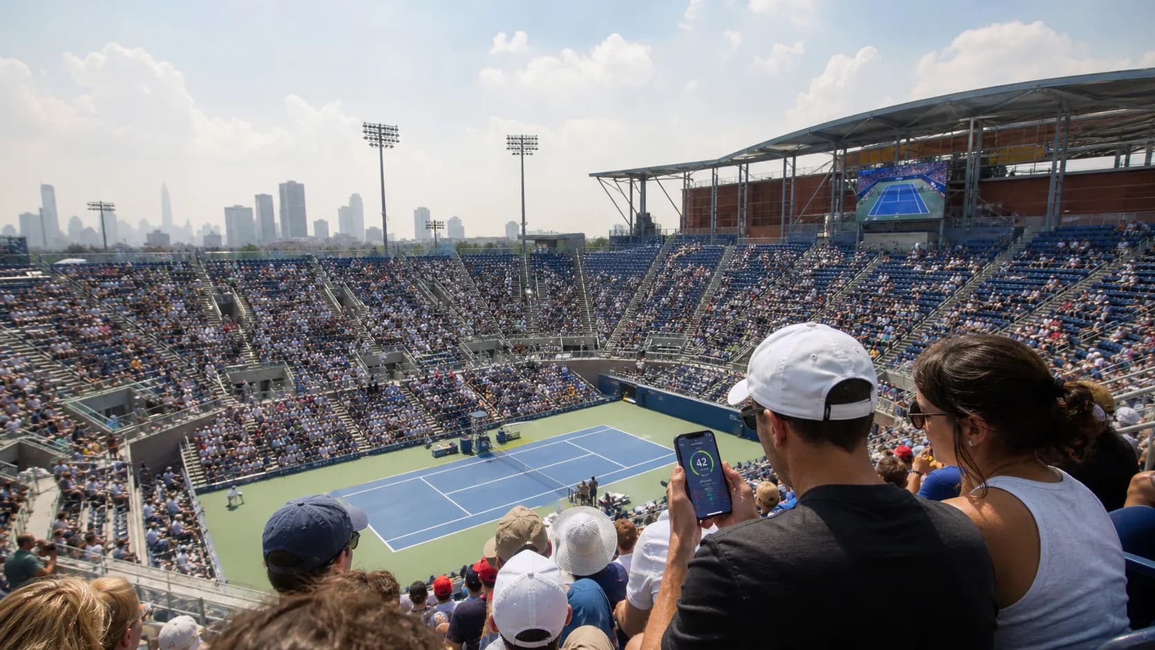 Photorealistic US Open tennis scene for NYC Air Quality Guide for US Open Fans This Summer.