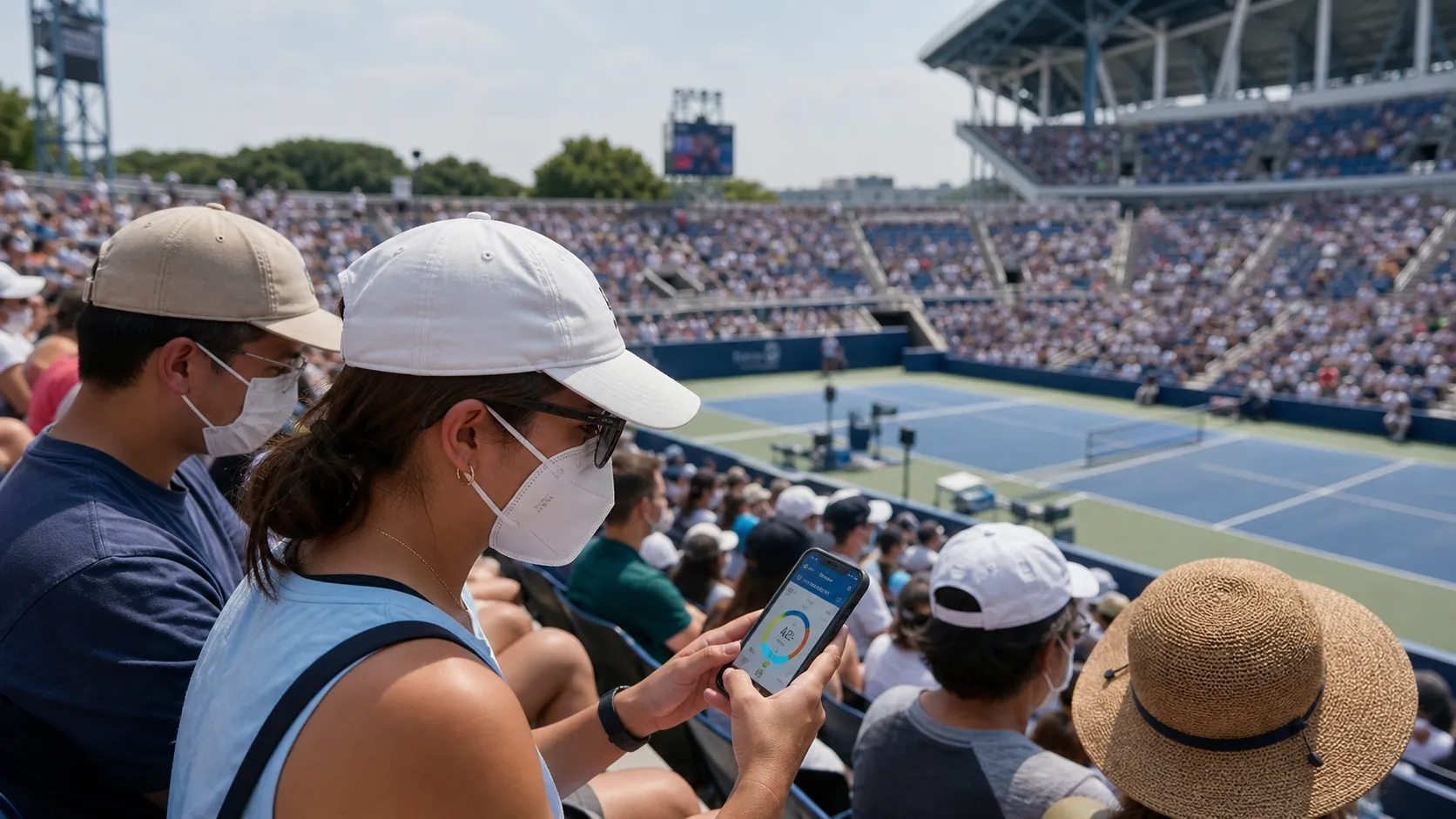 Photorealistic tennis scene illustrating NYC Air Quality Guide for US Open Fans This Summer.