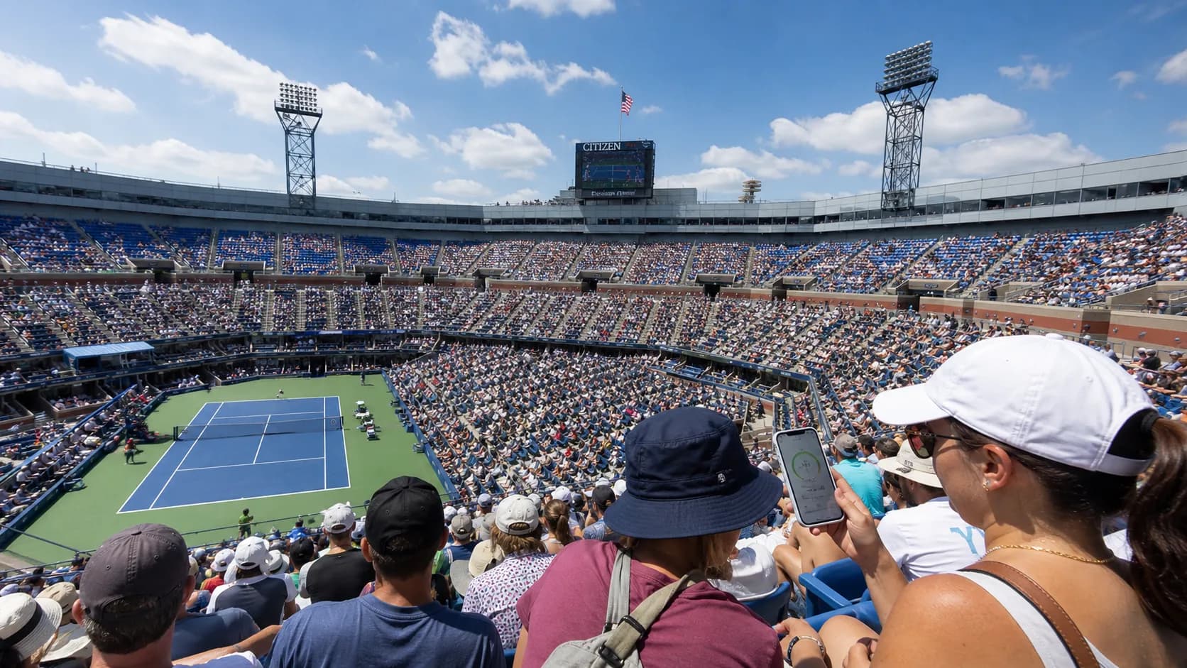 Bright US Open tennis atmosphere illustrating NYC Air Quality Guide for US Open Fans This Summer.