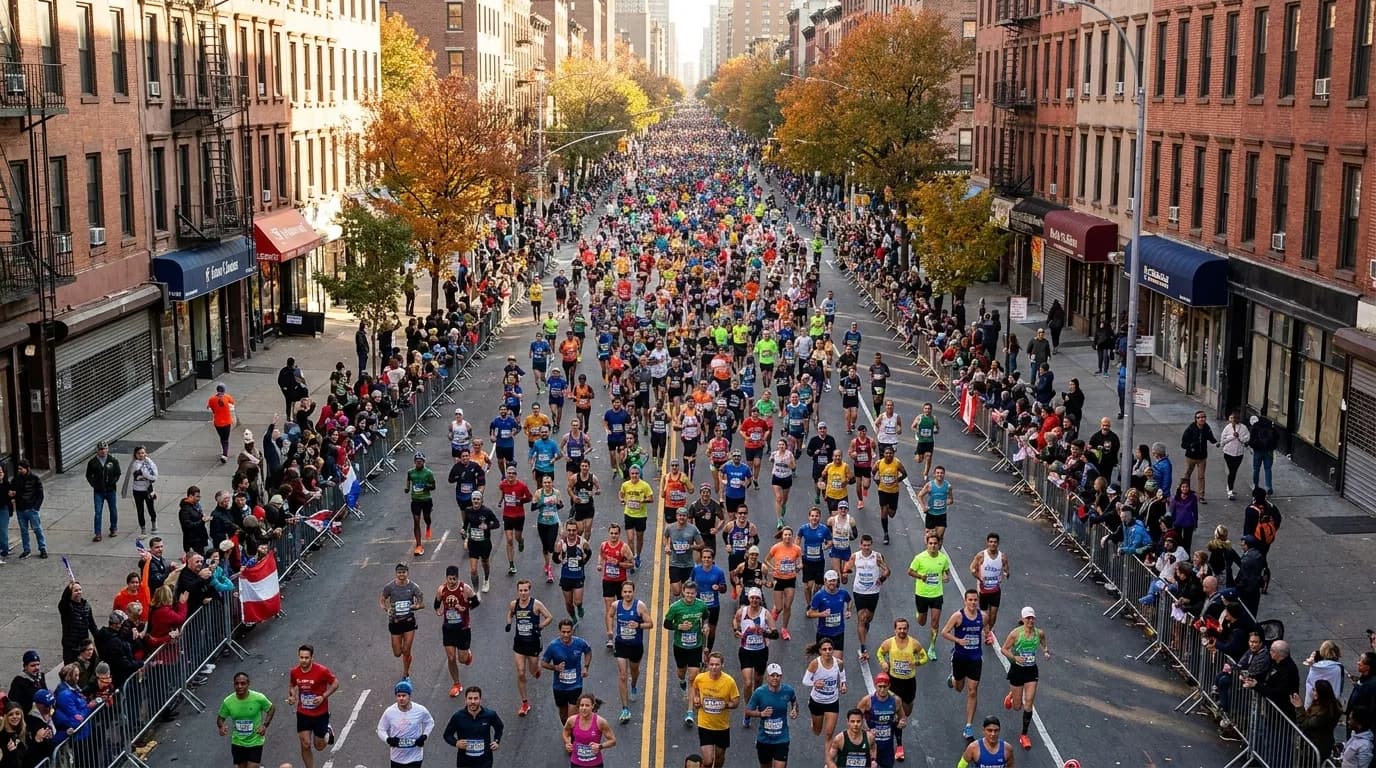 Marathon runners streaming down First Avenue during the NYC Marathon