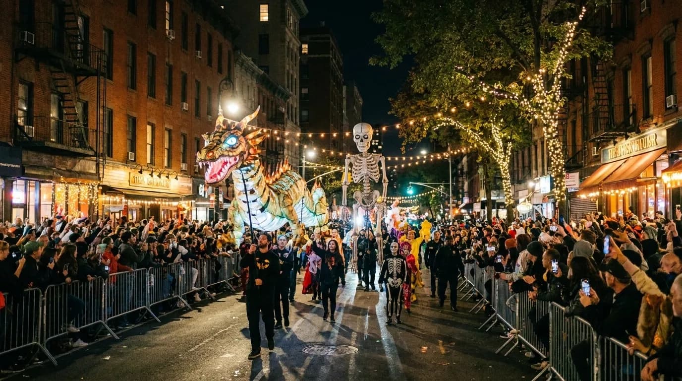 Costumed participants in the Village Halloween Parade on Sixth Avenue