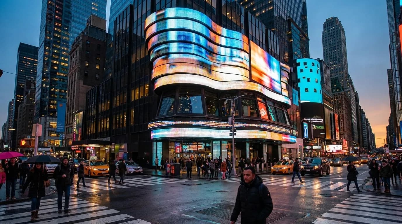 Neon lights and crowds in Times Square at night