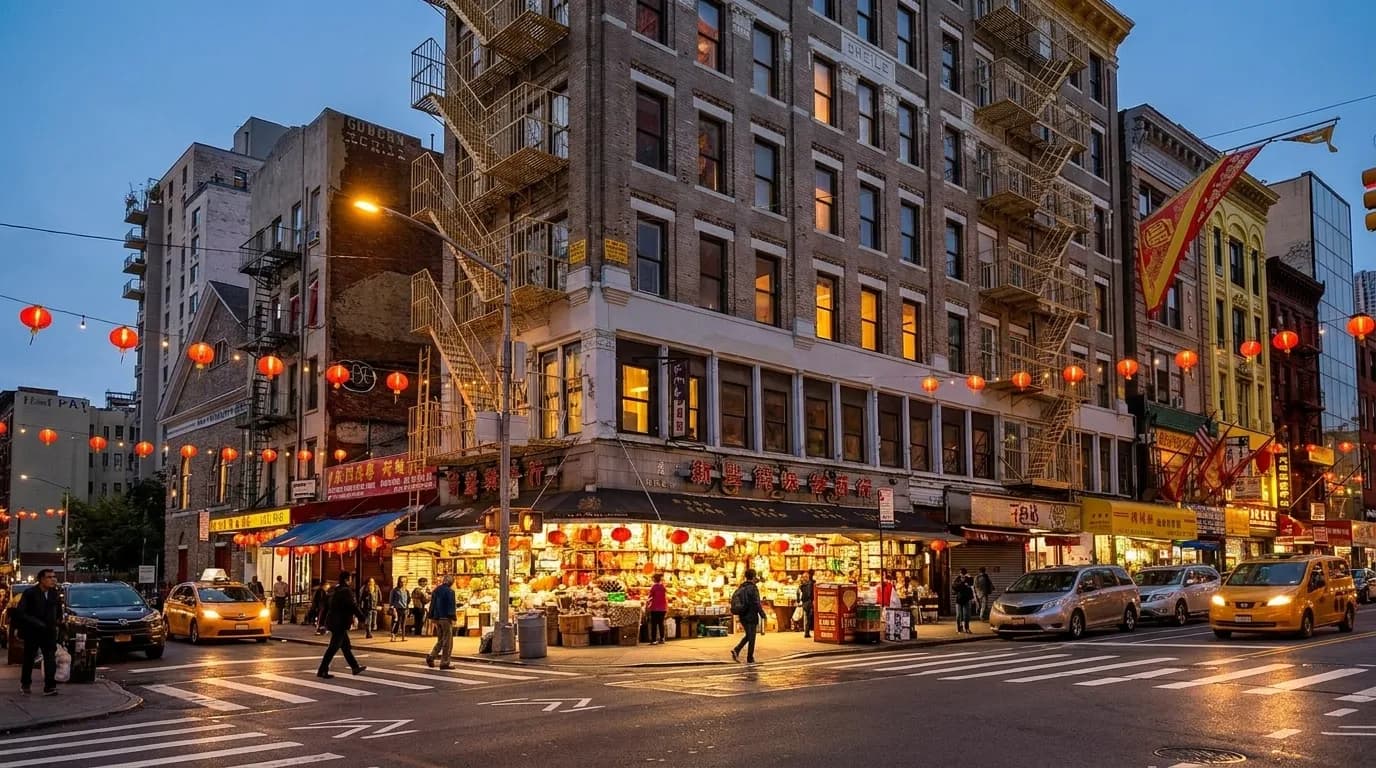 Chinatown street scene with storefronts and pedestrians