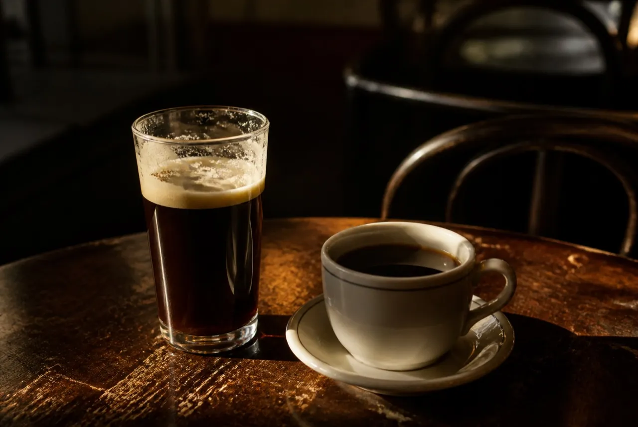 Pint and a coffee side by side on a pub table