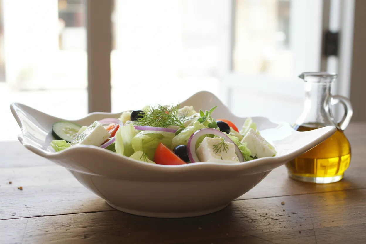 A Greek salad on a rustic Astoria taverna table