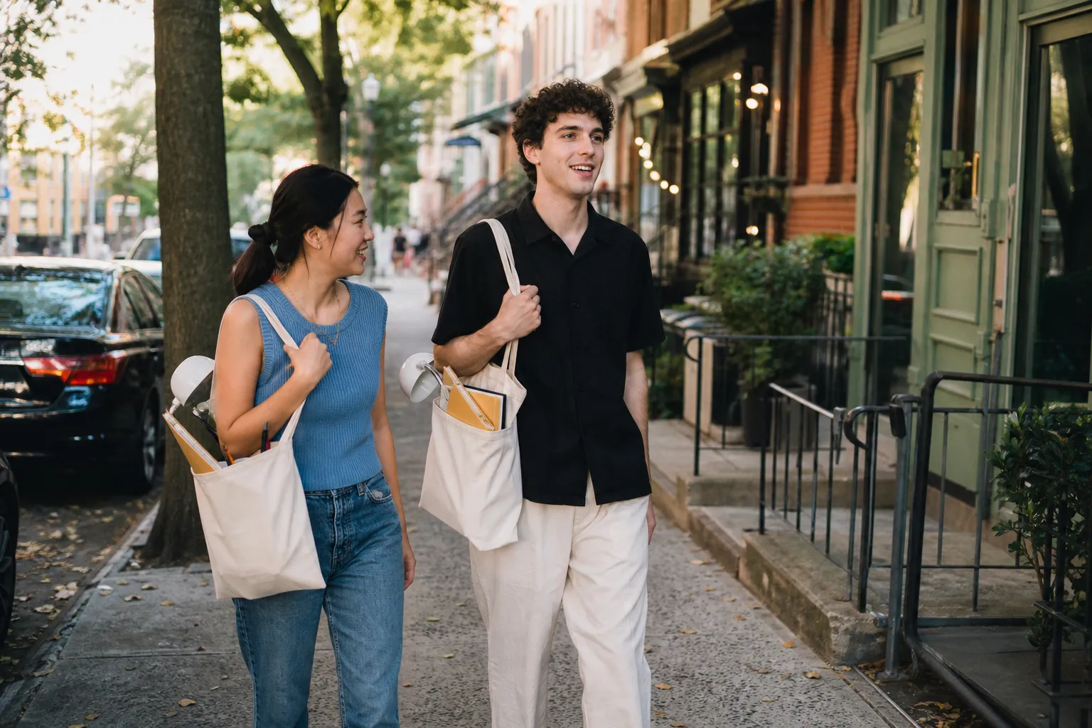 Two young adults carrying school supplies along a Brooklyn sidewalk during a late-summer back-to-school errand route.