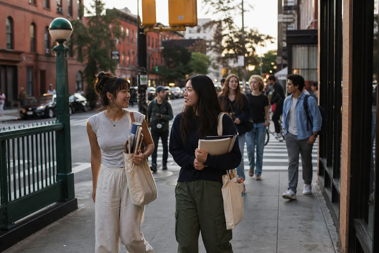 Friends carrying school supplies near a Brooklyn crosswalk and subway entrance during an early-evening errand route.