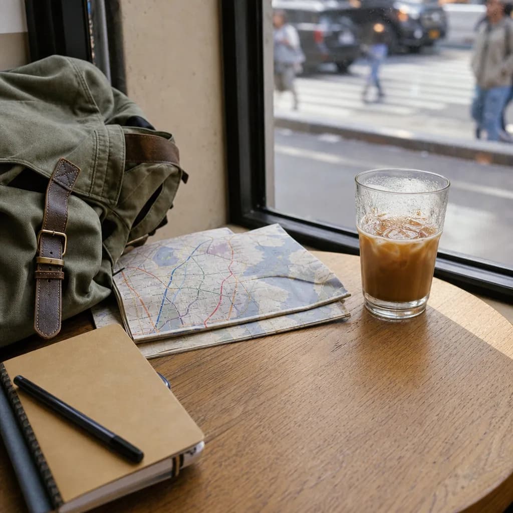 A backpack, folded subway map, and notebook on a café table before an NYC campus route