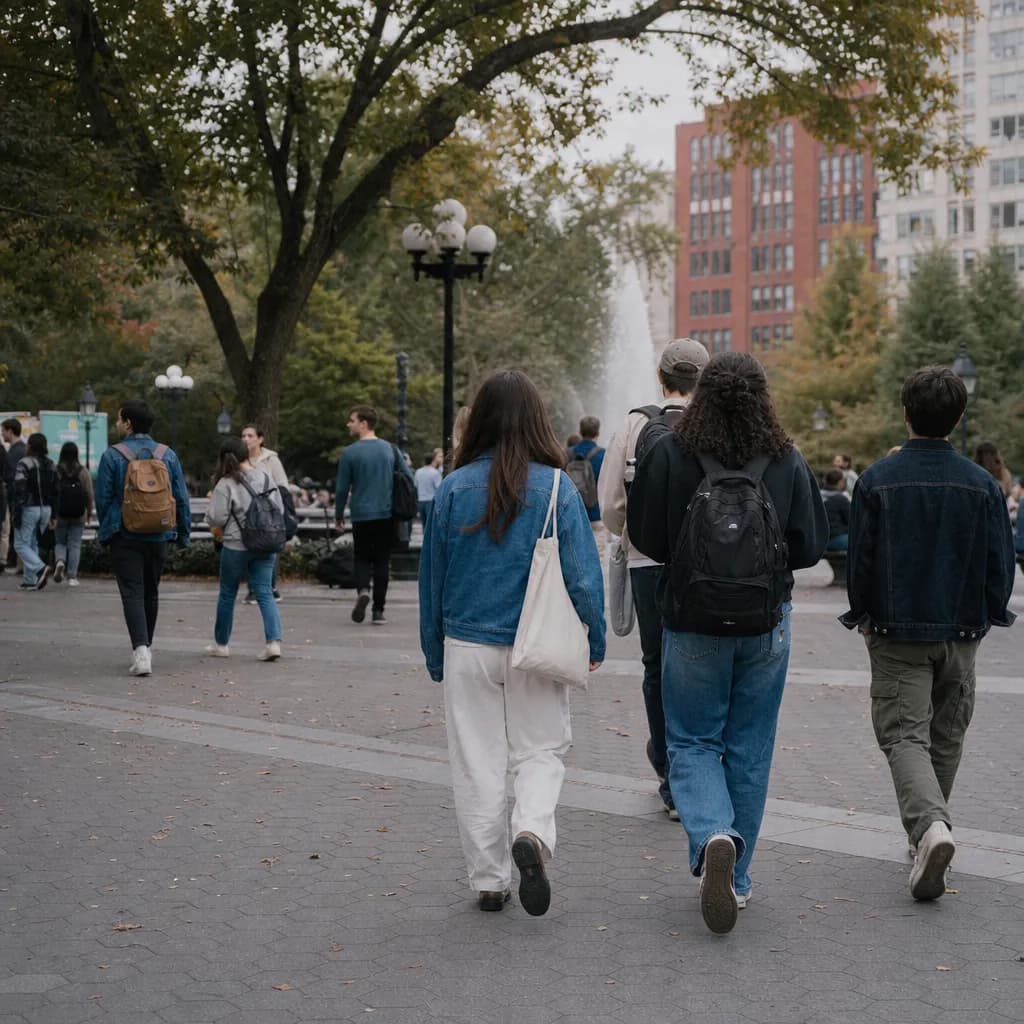 Students walking through a downtown public square near campus in fall