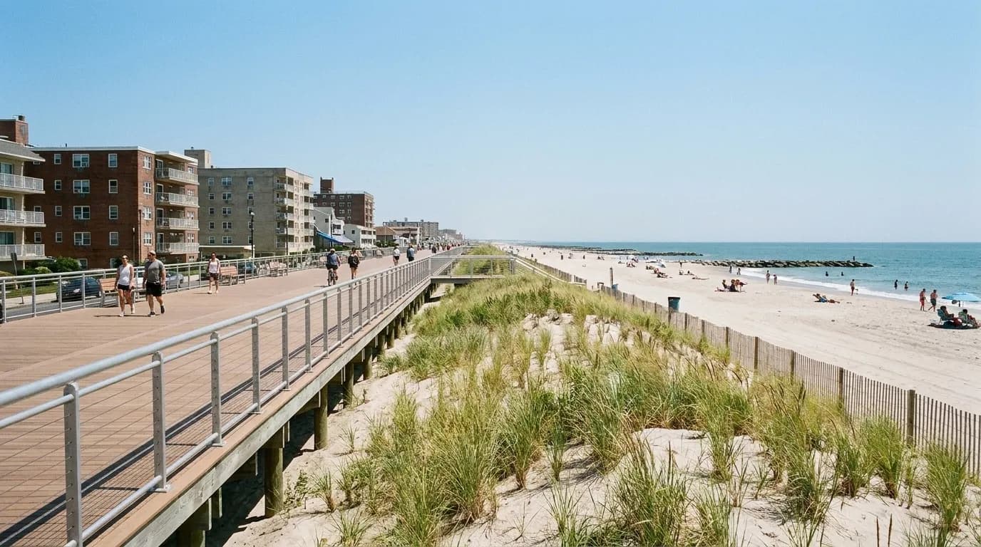 A wide wooden boardwalk running along a Long Island beach under a bright summer sky.