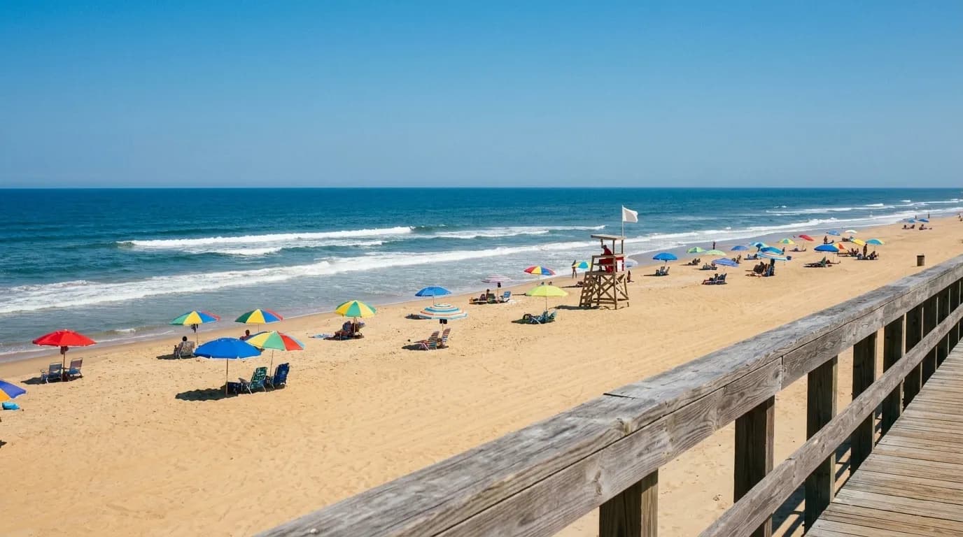 Waves breaking on a broad Atlantic beach with a few umbrellas and the boardwalk railing in the foreground.