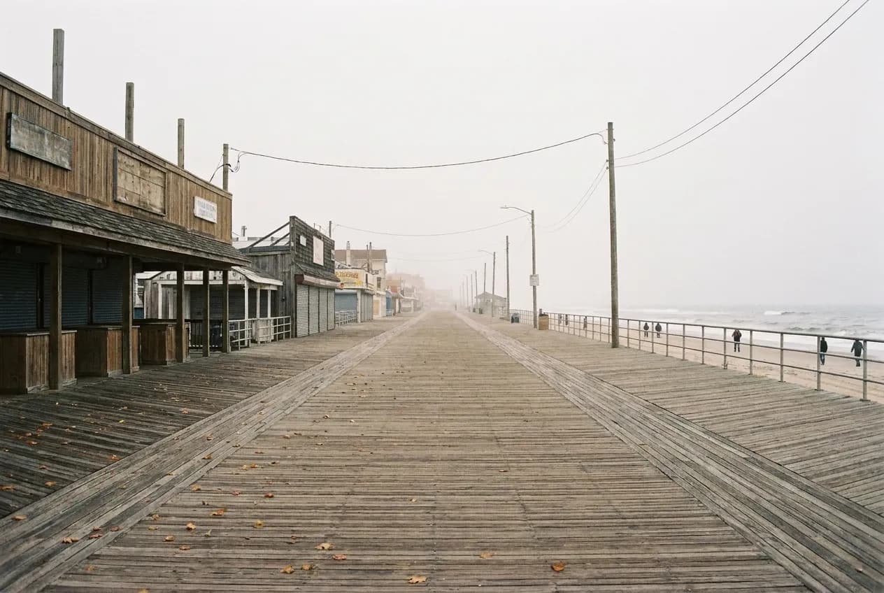 Empty wooden boardwalk running beside an autumn ocean beach