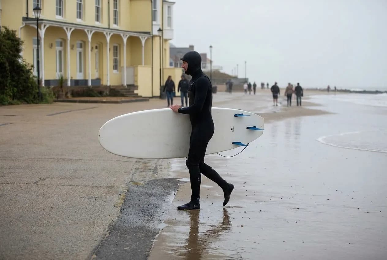 Surfer carrying a board along the waterline on an overcast day