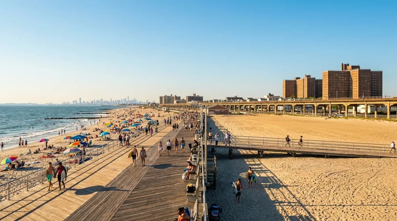 Wide view of Rockaway Beach boardwalk with beachgoers and ocean in New York City