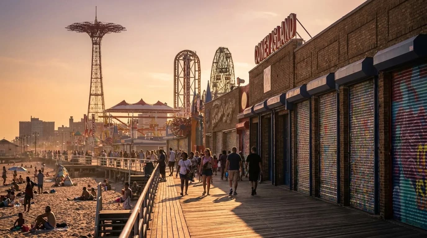 Coney Island boardwalk and beach with classic amusement park structures in background