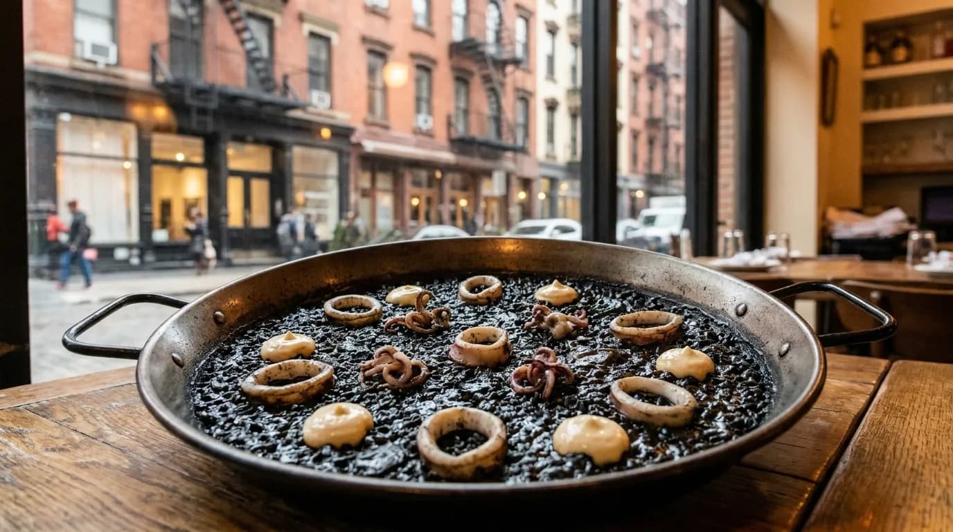 Traditional Spanish arroz negro served in a black paella pan with squid ink