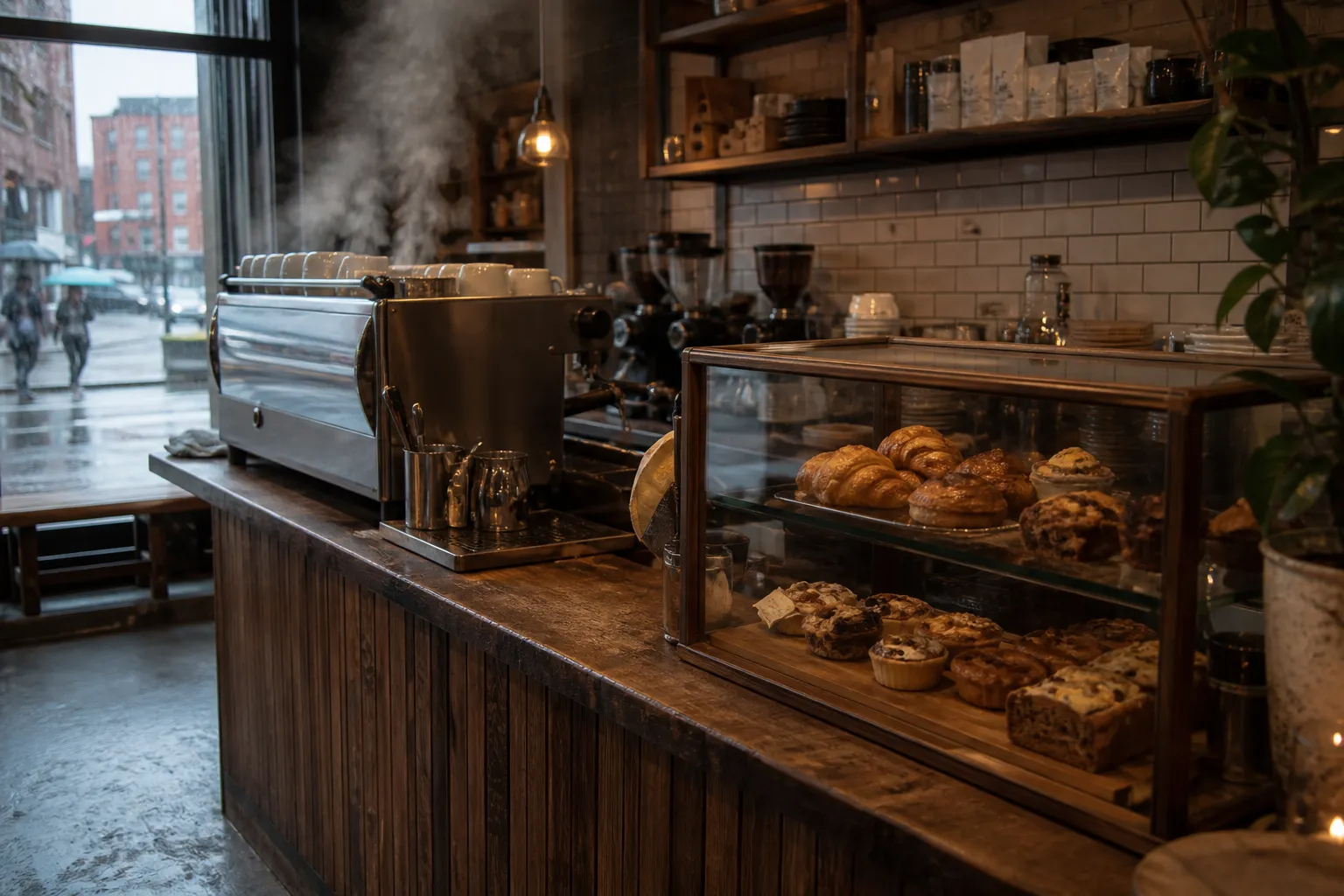 Rainy-day Williamsburg cafe counter with espresso machine, pastry case, and warm window light