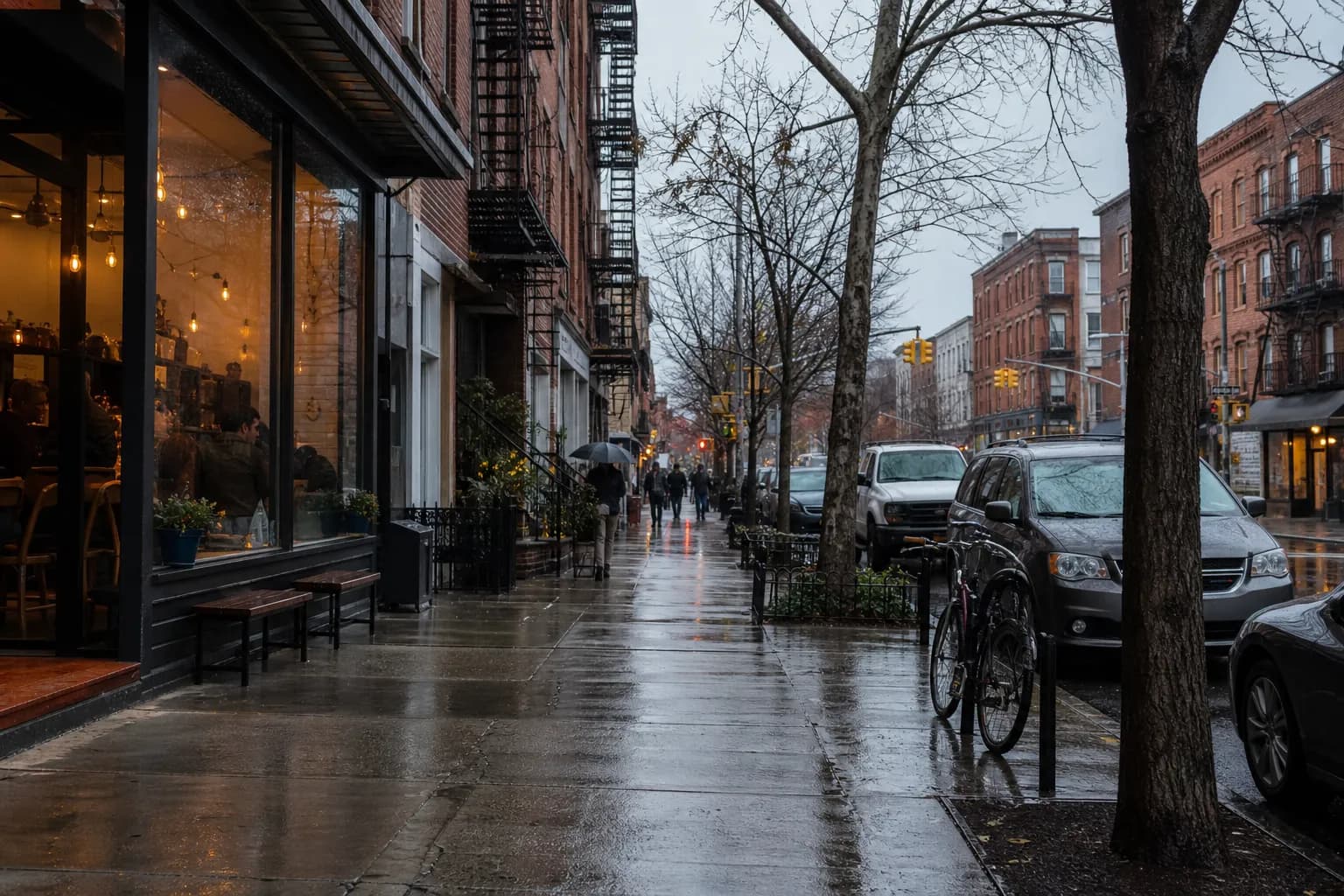 Wet Williamsburg sidewalk near Bedford Avenue with a cafe window glowing beside passing umbrellas
