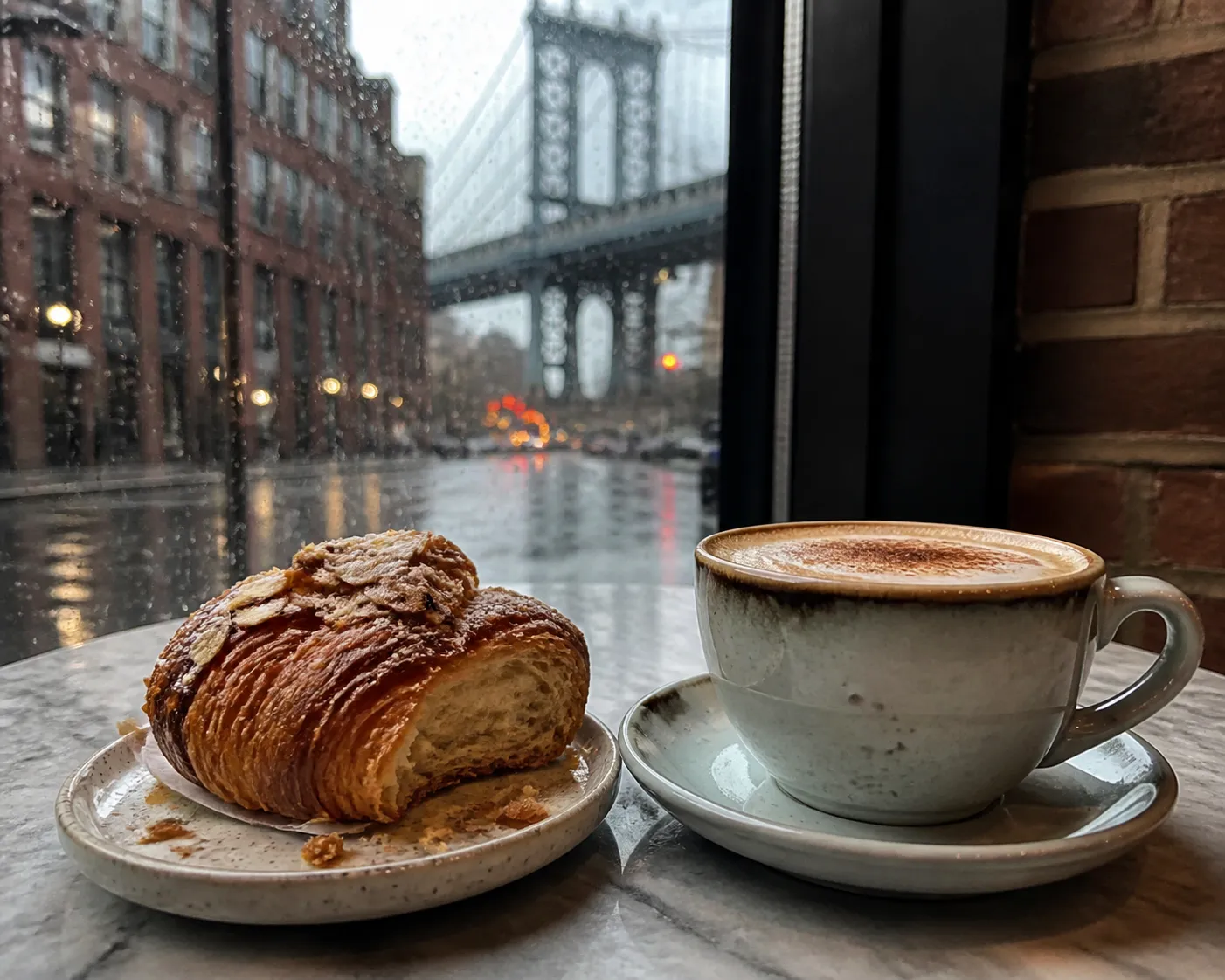 Coffee and dessert on a small table by a window in Williamsburg
