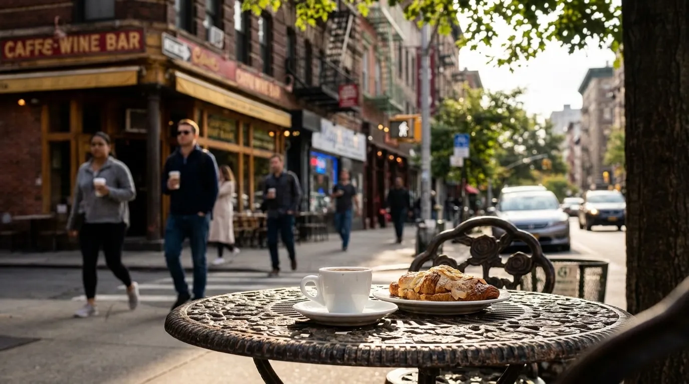 Coffee and pastry on outdoor cafe table in New York City East Village
