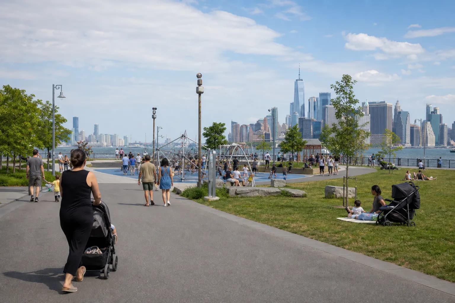 Stroller on a wide Brooklyn waterfront promenade with skyline views and open space