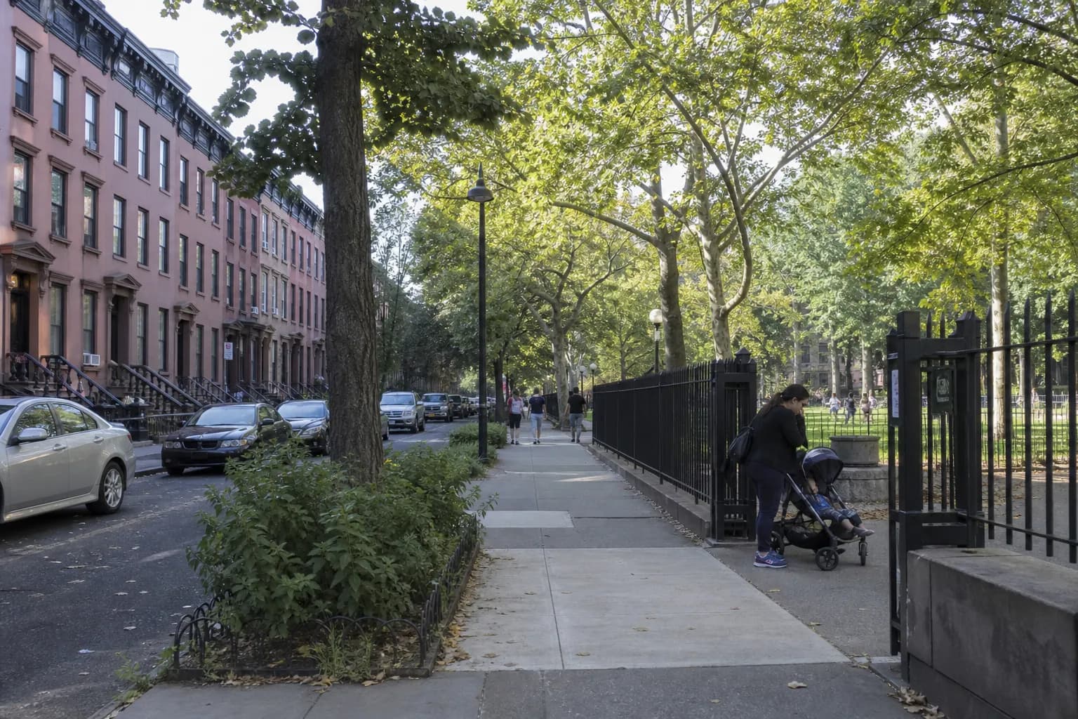 Quiet Brooklyn neighborhood block near a park with trees and stroller-friendly sidewalks