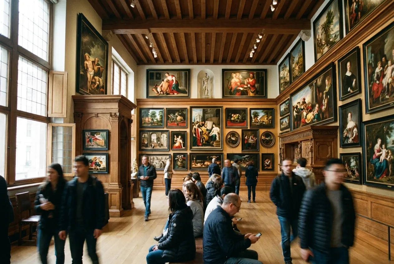 Visitors moving through a high-ceilinged museum gallery