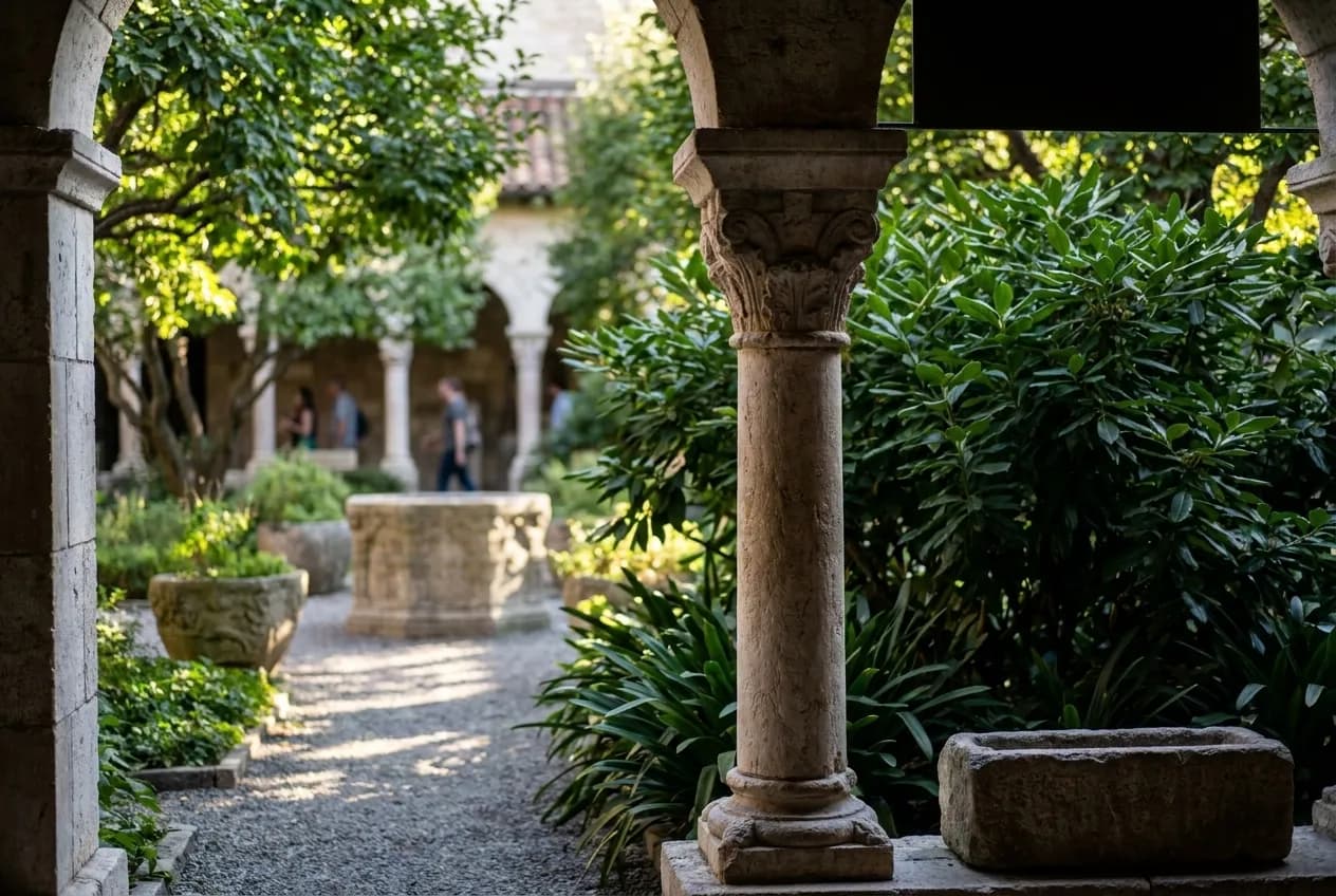 Stone columns and planted garden inside a medieval cloister