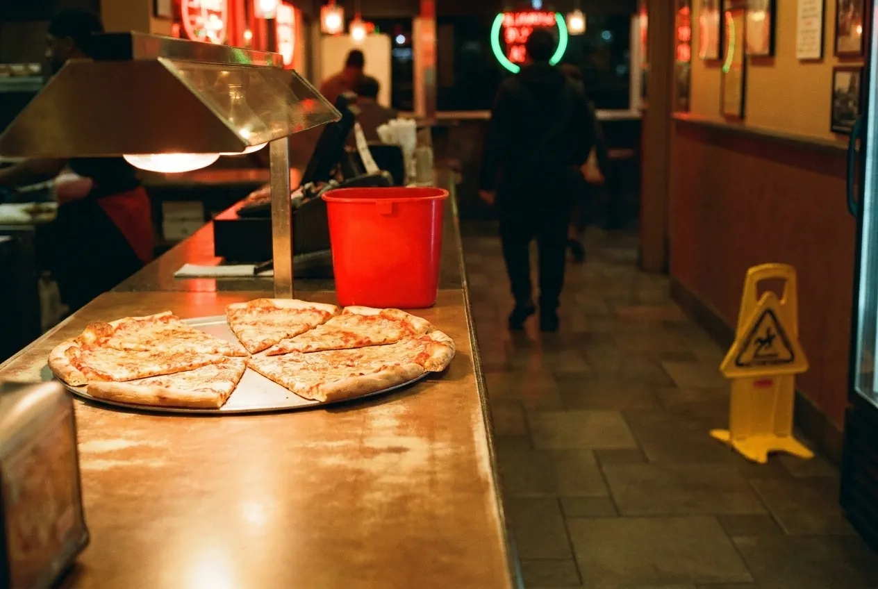 Slices under the warmer on a New York pizzeria counter