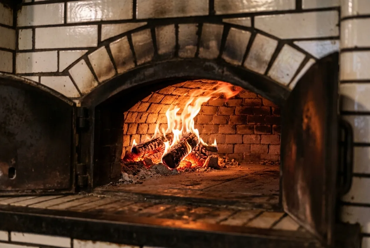 Interior of a brick pizza oven with a fire burning at the back