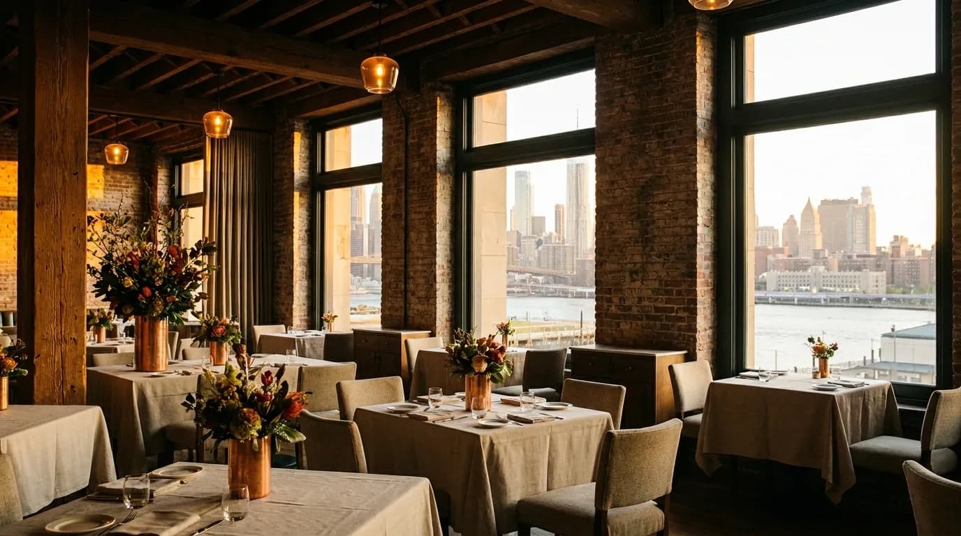 Warm dining room with wood paneling and flower arrangements at Gramercy Tavern