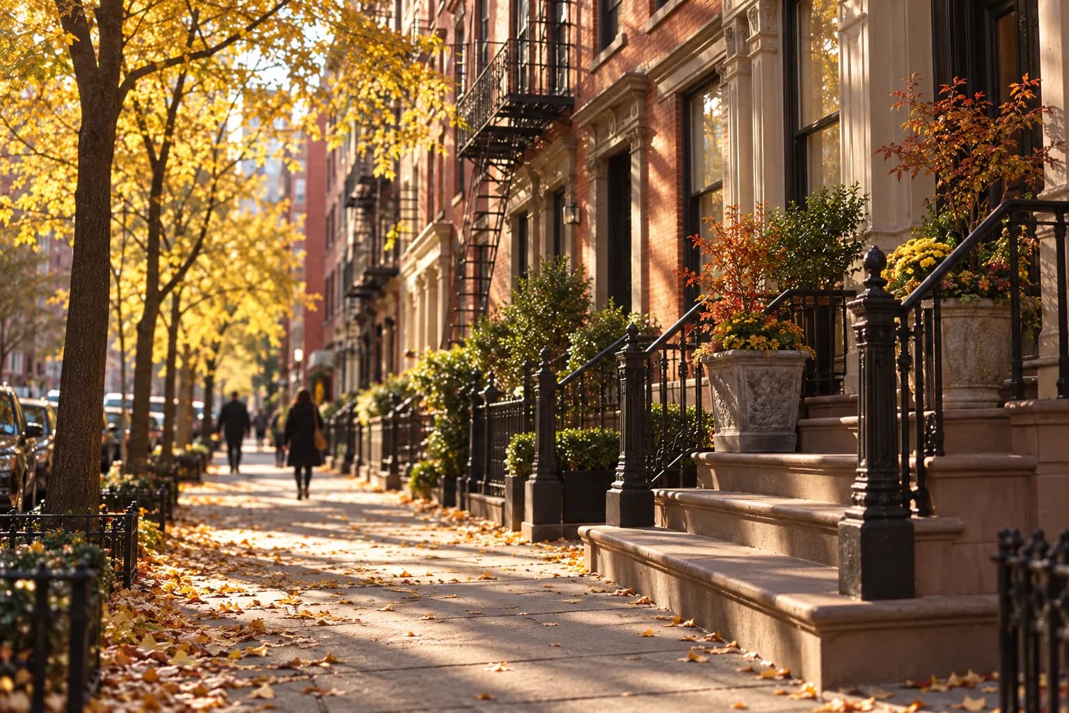 A tree-lined Flatiron side street with low brick buildings in autumn light