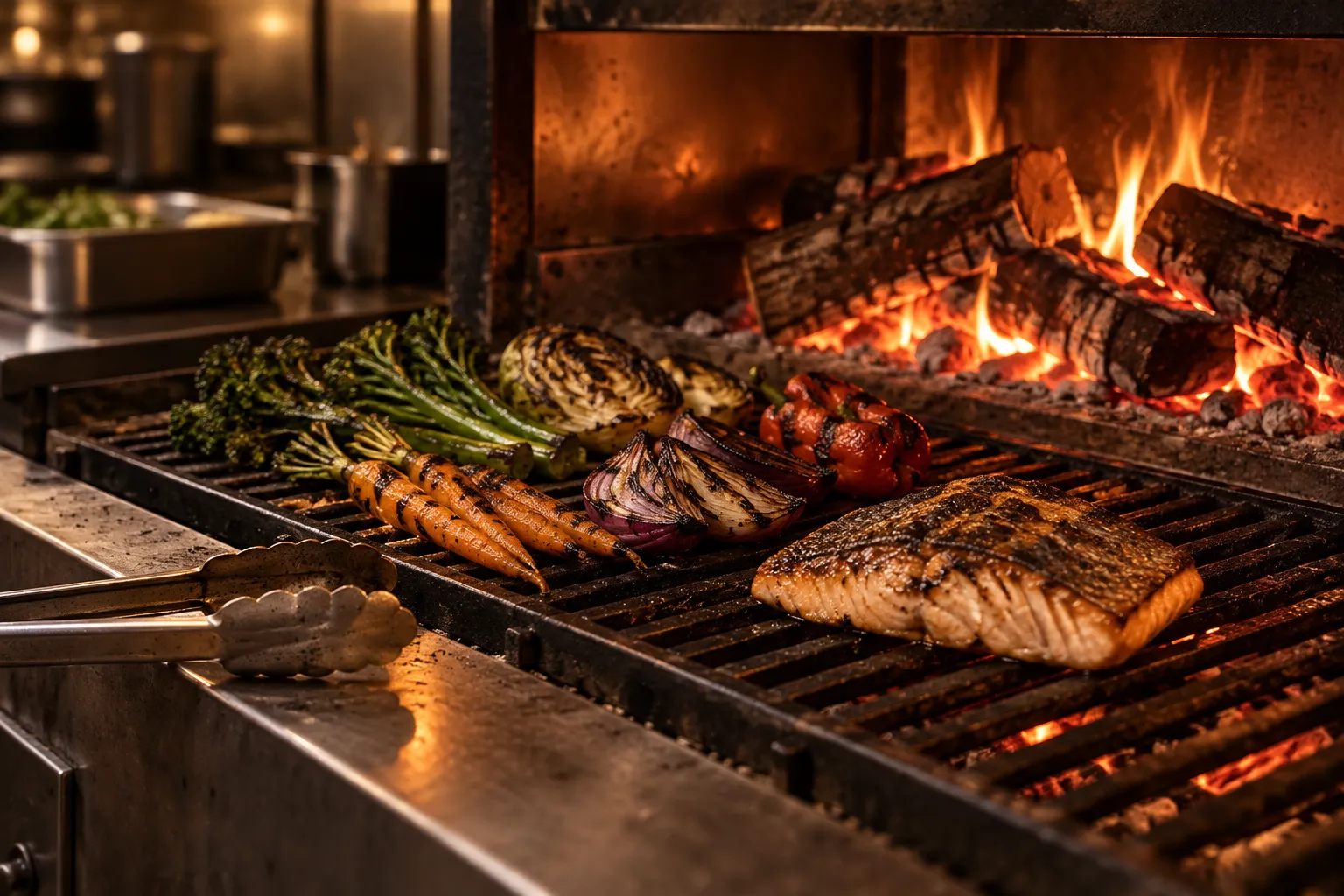 A wood-burning grill in a restaurant kitchen with vegetables over the coals