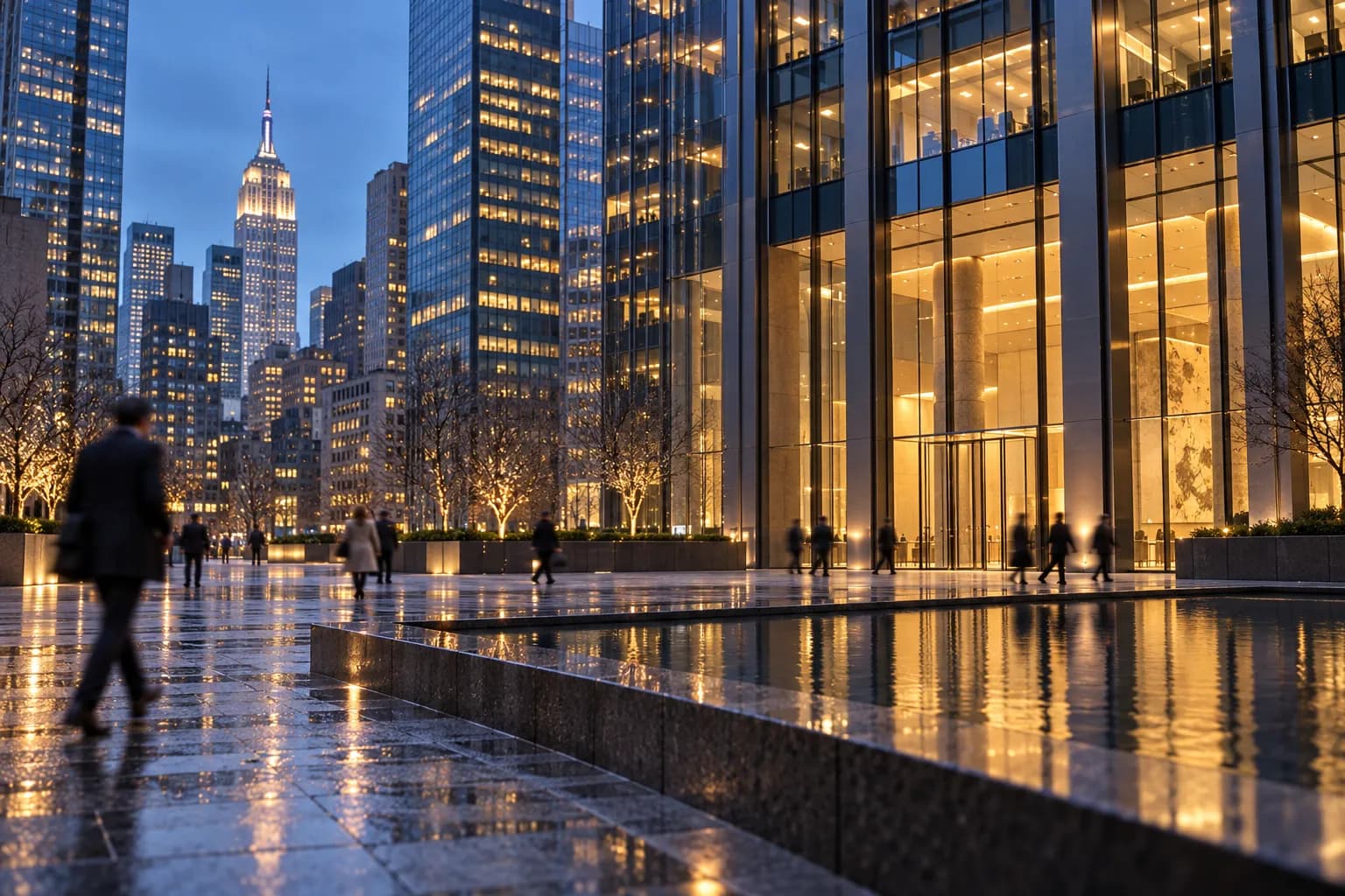A Midtown Manhattan plaza at dusk with tall towers and a lit lobby entrance