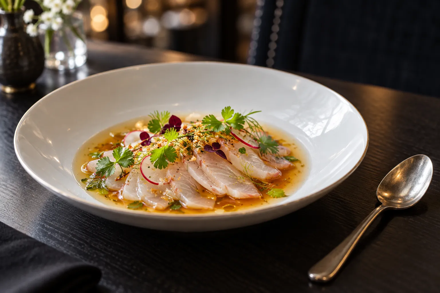 A plate of thinly sliced raw fish with a clear sauce being poured